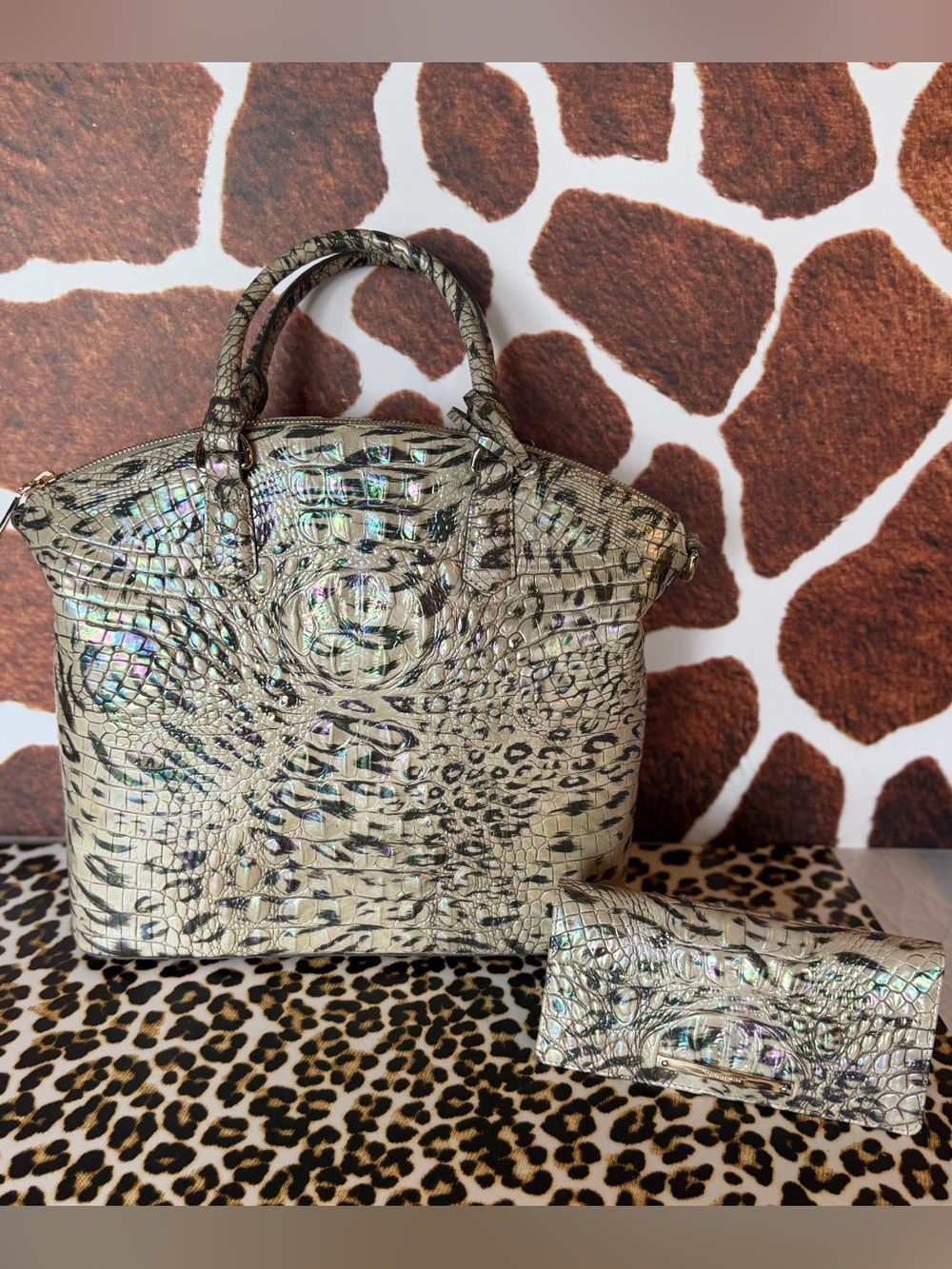 NWT BRAHMIN LARGE DUXBURY OBSESSION Animal Print With Wallet Leopard Cheetah - Picture 7 of 16
